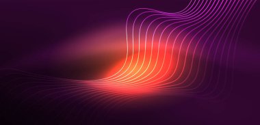 Parlak neon dalgalar. Neon ışığı ya da lazer gösterisi, elektrik akımı, güç hatları, tekno kuantum enerji dürtüsü, parlayan sihirli dinamik çizgiler.