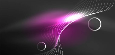 Neon lazer hatları, daire dalgaları soyut arkaplan. Neon ışığı ya da lazer gösterisi, elektrik akımı, güç hatları, tekno kuantum enerji dürtüsü, parlayan sihirli dinamik çizgiler.