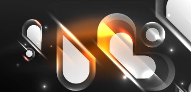 Neon parlayan geometrik şekiller vektör soyut arkaplanı. Yuvarlak elementler, ışık efektleri ve renk arkaplanlı parlak cam. Uzay kozmik ya da sihirli enerji duvar kağıdı