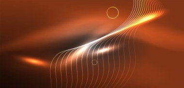 Neon lazer hatları, daire dalgaları soyut arkaplan. Neon ışığı ya da lazer gösterisi, elektrik akımı, güç hatları, tekno kuantum enerji dürtüsü, parlayan sihirli dinamik çizgiler.