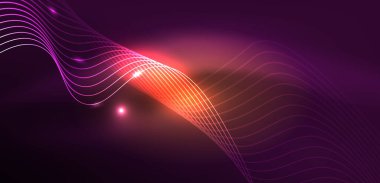 Parlak neon dalgalar. Neon ışığı ya da lazer gösterisi, elektrik akımı, güç hatları, tekno kuantum enerji dürtüsü, parlayan sihirli dinamik çizgiler.