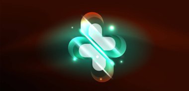Neon parlayan geometrik şekiller vektör soyut arkaplanı. Yuvarlak elementler, ışık efektleri ve renk arkaplanlı parlak cam. Uzay kozmik ya da sihirli enerji duvar kağıdı