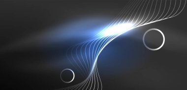 Neon lazer hatları, daire dalgaları soyut arkaplan. Neon ışığı ya da lazer gösterisi, elektrik akımı, güç hatları, tekno kuantum enerji dürtüsü, parlayan sihirli dinamik çizgiler.