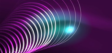 Neon çizgileri ve dalgalar soyut arkaplan. Duvar kağıdı, pankart, arkaplan, iniş sayfası, duvar sanatı, davetiye, baskılar, posterler için parlayan tekno neon şekiller vektör ilülasyonu