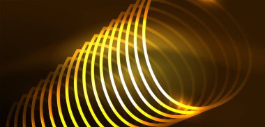 Neon çizgileri ve dalgalar soyut arkaplan. Duvar kağıdı, pankart, arkaplan, iniş sayfası, duvar sanatı, davetiye, baskılar, posterler için parlayan tekno neon şekiller vektör ilülasyonu