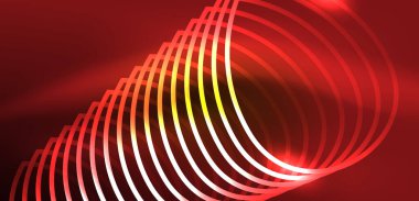 Neon çizgileri ve dalgalar soyut arkaplan. Duvar kağıdı, pankart, arkaplan, iniş sayfası, duvar sanatı, davetiye, baskılar, posterler için parlayan tekno neon şekiller vektör ilülasyonu