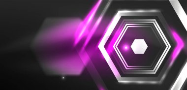 Altıgen soyut arkaplan. Duvar kağıdı, afiş, arkaplan, iniş sayfası, duvar sanatı, davetiye, baskılar için tekno parlayan neon altıgen şekiller vektör ilüstrasyonunu şekillendirir