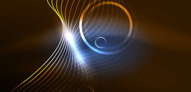 Neon çizgileri ve dalgalar soyut arkaplan. Duvar kağıdı, pankart, arkaplan, iniş sayfası, duvar sanatı, davetiye, baskılar, posterler için parlayan tekno neon şekiller vektör ilülasyonu