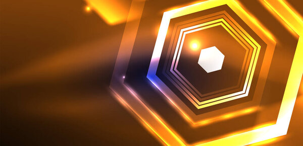 Hexagon abstract background. Techno glowing neon hexagon shapes vector illustration for wallpaper, banner, background, landing page, wall art, invitation, prints, posters