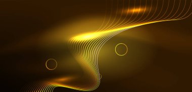 Neon çizgileri ve dalgalar soyut arkaplan. Duvar kağıdı, pankart, arkaplan, iniş sayfası, duvar sanatı, davetiye, baskılar, posterler için parlayan tekno neon şekiller vektör ilülasyonu