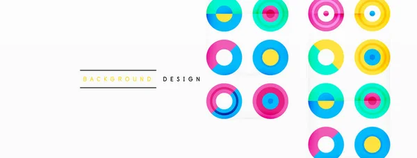 抽象的なパターンで配置された同じ大きさのカラフルな円の目を引く背景 サークルは独特のトーンや色合いを誇り 虹色の効果を作り出します デザインはアップビートで現代的な感じ — ストックベクタ