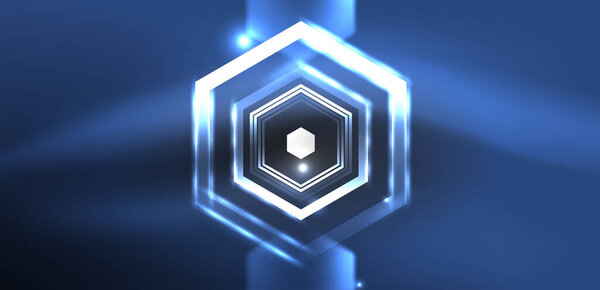 Hexagon abstract background. Techno glowing neon hexagon shapes vector illustration for wallpaper, banner, background, landing page, wall art, invitation, prints, posters
