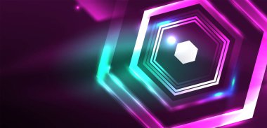 Soyut arka plan tekno neon altıgenleri. Duvar kağıdı, afiş, arkaplan, iniş sayfası, duvar resimleri, davetiye, baskılar, posterler için yüksek teknoloji vektör ilüstrasyonuName