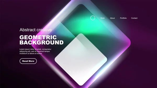 Abstract Background Landing Page Glass Geometric Shapes Glowing Neon Light — Stock Vector
