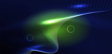 Neon lazer hatları, daire dalgaları soyut arkaplan. Neon ışığı ya da lazer gösterisi, elektrik akımı, güç hatları, tekno kuantum enerji dürtüsü, parlayan sihirli dinamik çizgiler.