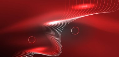 Neon lazer hatları, daire dalgaları soyut arkaplan. Neon ışığı ya da lazer gösterisi, elektrik akımı, güç hatları, tekno kuantum enerji dürtüsü, parlayan sihirli dinamik çizgiler.