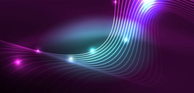 Parlak neon dalgalar. Neon ışığı ya da lazer gösterisi, elektrik akımı, güç hatları, tekno kuantum enerji dürtüsü, parlayan sihirli dinamik çizgiler.