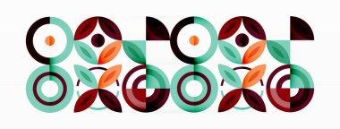 Soyut arkaplan - minimalist daireler ve çeşitli boyutlarda daireler ve diğer geometrik şekillerle yuvarlak elementler bileşimi. Elementler simetrik olarak şebekeye benzer bir şekilde dizilmiştir.