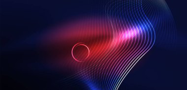 Neon lazer hatları, daire dalgaları soyut arkaplan. Neon ışığı ya da lazer gösterisi, elektrik akımı, güç hatları, tekno kuantum enerji dürtüsü, parlayan sihirli dinamik çizgiler.