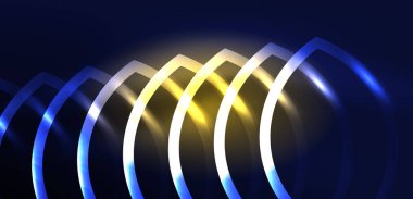 Neon lazer hatları, daire dalgaları soyut arkaplan. Neon ışığı ya da lazer gösterisi, elektrik akımı, güç hatları, tekno kuantum enerji dürtüsü, parlayan sihirli dinamik çizgiler.