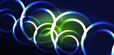 Neon lazer hatları, daire dalgaları soyut arkaplan. Neon ışığı ya da lazer gösterisi, elektrik akımı, güç hatları, tekno kuantum enerji dürtüsü, parlayan sihirli dinamik çizgiler.