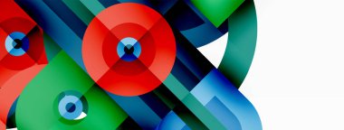 Yaratıcı geometrik duvar kağıdı. Asgari soyut arkaplan. Beyaz arkaplanda parlak renkli geometrik şekiller. Duvar kağıdı, afiş, arkaplan veya iniş için iş şablonu