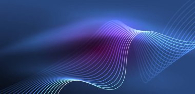 Parlak neon dalgalar. Neon ışığı ya da lazer gösterisi, elektrik akımı, güç hatları, tekno kuantum enerji dürtüsü, parlayan sihirli dinamik çizgiler.