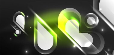 Neon parlayan geometrik şekiller vektör soyut arkaplanı. Yuvarlak elementler, ışık efektleri ve renk arkaplanlı parlak cam. Uzay kozmik ya da sihirli enerji duvar kağıdı