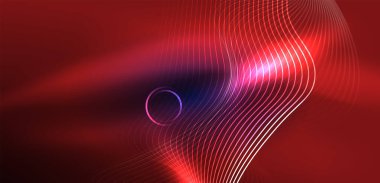 Neon lazer hatları, daire dalgaları soyut arkaplan. Neon ışığı ya da lazer gösterisi, elektrik akımı, güç hatları, tekno kuantum enerji dürtüsü, parlayan sihirli dinamik çizgiler.