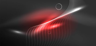 Neon lazer hatları, daire dalgaları soyut arkaplan. Neon ışığı ya da lazer gösterisi, elektrik akımı, güç hatları, tekno kuantum enerji dürtüsü, parlayan sihirli dinamik çizgiler.