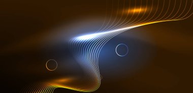 Neon çizgileri ve dalgalar soyut arkaplan. Duvar kağıdı, pankart, arkaplan, iniş sayfası, duvar sanatı, davetiye, baskılar, posterler için parlayan tekno neon şekiller vektör ilülasyonu