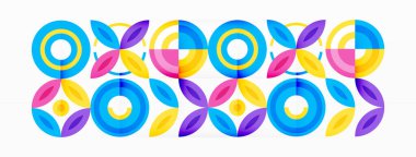 Soyut arkaplan - minimalist daireler ve çeşitli boyutlarda daireler ve diğer geometrik şekillerle yuvarlak elementler bileşimi. Elementler simetrik olarak şebekeye benzer bir şekilde dizilmiştir.