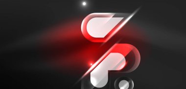 Neon parlayan geometrik şekiller vektör soyut arkaplanı. Yuvarlak elementler, ışık efektleri ve renk arkaplanlı parlak cam. Uzay kozmik ya da sihirli enerji duvar kağıdı