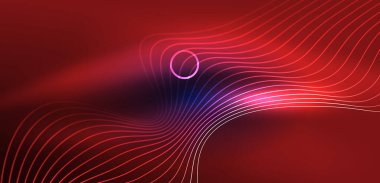 Neon lazer hatları, daire dalgaları soyut arkaplan. Neon ışığı ya da lazer gösterisi, elektrik akımı, güç hatları, tekno kuantum enerji dürtüsü, parlayan sihirli dinamik çizgiler.