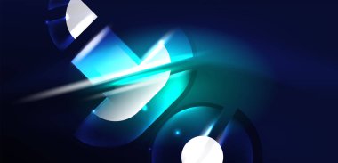 Neon yuvarlak şekiller, çizgiler ve üçgen elementler. Duvar kağıdı, afiş, arkaplan, iniş sayfası, duvar resimleri, davetiyeler, posterler için yüksek teknoloji tasarımı