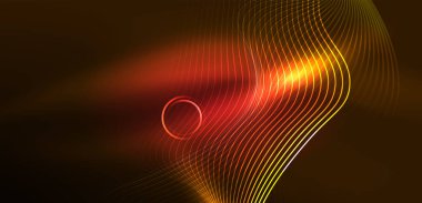 Neon çizgileri ve dalgalar soyut arkaplan. Duvar kağıdı, pankart, arkaplan, iniş sayfası, duvar sanatı, davetiye, baskılar, posterler için parlayan tekno neon şekiller vektör ilülasyonu