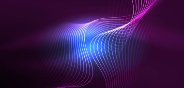 Parlak neon dalgalar. Neon ışığı ya da lazer gösterisi, elektrik akımı, güç hatları, tekno kuantum enerji dürtüsü, parlayan sihirli dinamik çizgiler.