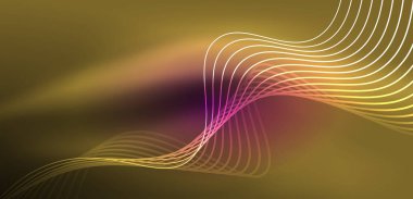 Parlak neon dalgalar. Neon ışığı ya da lazer gösterisi, elektrik akımı, güç hatları, tekno kuantum enerji dürtüsü, parlayan sihirli dinamik çizgiler.