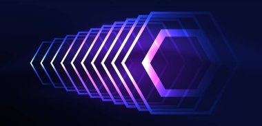 Altıgen soyut arkaplan. Duvar kağıdı, afiş, arkaplan, iniş sayfası, duvar sanatı, davetiye, baskılar için tekno parlayan neon altıgen şekiller vektör ilüstrasyonunu şekillendirir