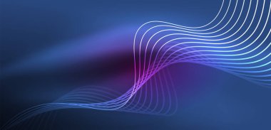 Parlak neon dalgalar. Neon ışığı ya da lazer gösterisi, elektrik akımı, güç hatları, tekno kuantum enerji dürtüsü, parlayan sihirli dinamik çizgiler.