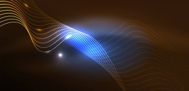 Parlak neon dalgalar. Neon ışığı ya da lazer gösterisi, elektrik akımı, güç hatları, tekno kuantum enerji dürtüsü, parlayan sihirli dinamik çizgiler.