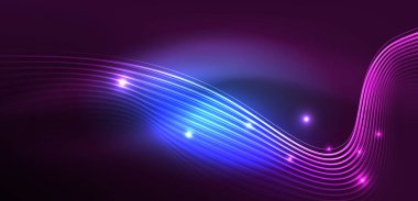 Parlak neon dalgalar. Neon ışığı ya da lazer gösterisi, elektrik akımı, güç hatları, tekno kuantum enerji dürtüsü, parlayan sihirli dinamik çizgiler.