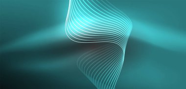 Parlak neon dalgalar. Neon ışığı ya da lazer gösterisi, elektrik akımı, güç hatları, tekno kuantum enerji dürtüsü, parlayan sihirli dinamik çizgiler.