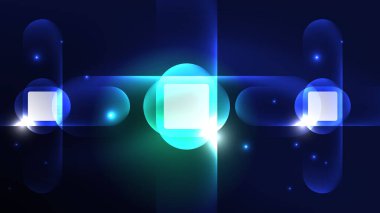 Soyut arkaplan iniş sayfası, parlak formlar üzerinde enerji etkisi konsepti, mavi parıldayan neon ışık yansımalı cam geometrik şekiller.