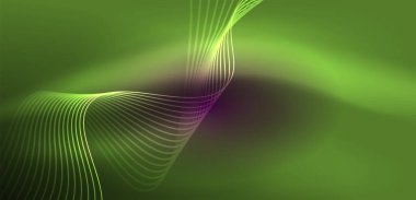 Parlak neon dalgalar. Neon ışığı ya da lazer gösterisi, elektrik akımı, güç hatları, tekno kuantum enerji dürtüsü, parlayan sihirli dinamik çizgiler.