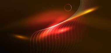Neon çizgileri ve dalgalar soyut arkaplan. Duvar kağıdı, pankart, arkaplan, iniş sayfası, duvar sanatı, davetiye, baskılar, posterler için parlayan tekno neon şekiller vektör ilülasyonu