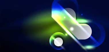 Soyut arkaplan parlayan neon ışıklı geometrik şekiller. Duvar kağıdı, bayrak, arkaplan, kart, kitap illüstrasyonu, iniş sayfası için uzay kozmik ya da sihirli enerji vektör duvar kağıdı