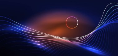 Neon lazer hatları, daire dalgaları soyut arkaplan. Neon ışığı ya da lazer gösterisi, elektrik akımı, güç hatları, tekno kuantum enerji dürtüsü, parlayan sihirli dinamik çizgiler.