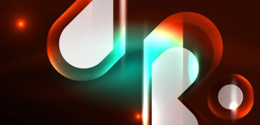 Neon parlayan geometrik şekiller vektör soyut arkaplanı. Yuvarlak elementler, ışık efektleri ve renk arkaplanlı parlak cam. Uzay kozmik ya da sihirli enerji duvar kağıdı