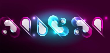 Neon parlayan geometrik şekiller vektör soyut arkaplanı. Yuvarlak elementler, ışık efektleri ve renk arkaplanlı parlak cam. Uzay kozmik ya da sihirli enerji duvar kağıdı